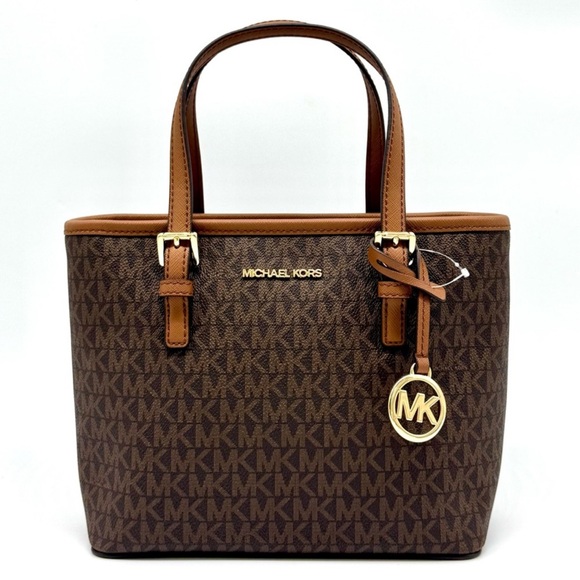 Michael Kors Jet Set Travel Extra-Small Logo Top-Zip Tote Bag Brown Signature - Picture 1 of 9